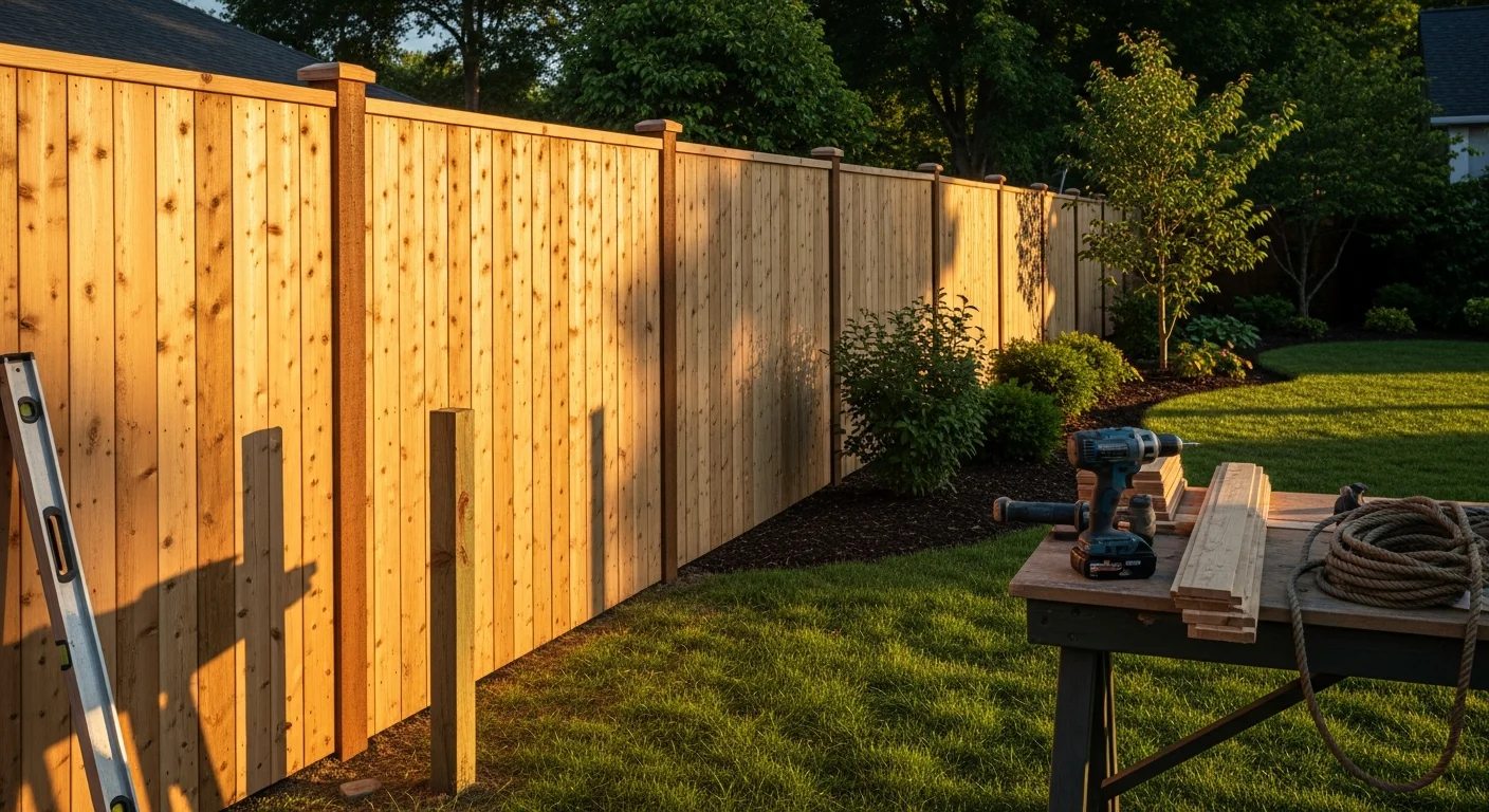 Residential fence installation with posts and panels