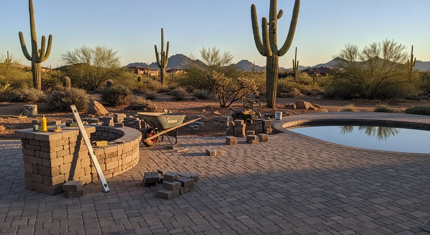 Hardscape patio with stone pavers and outdoor kitchen area