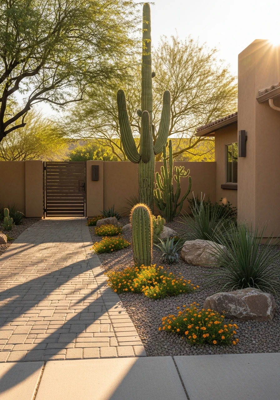 Portrait-style image of a Phoenix residential property entrance with contemporary design and native plantings.