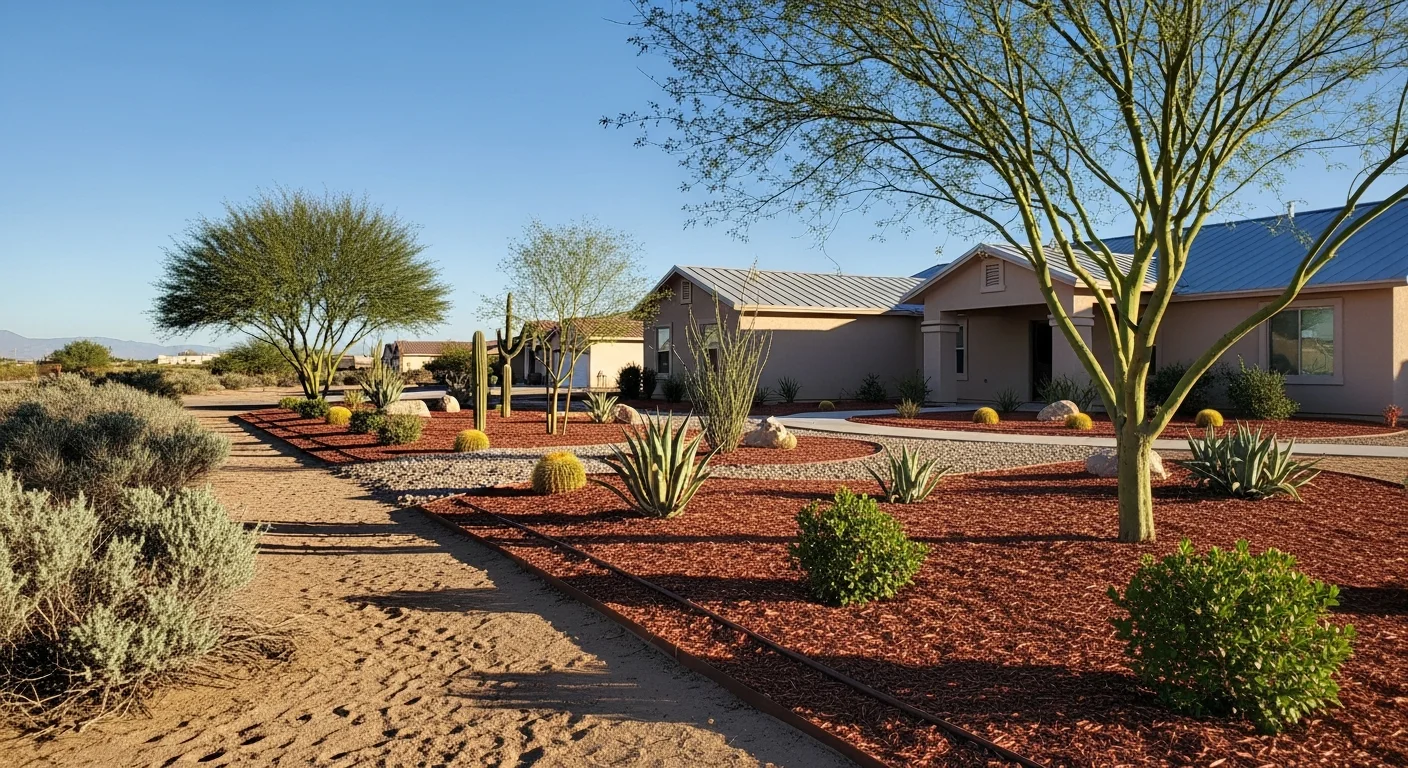 Wide view of a residential property in Yuma with desert landscaping and clear blue sky.
