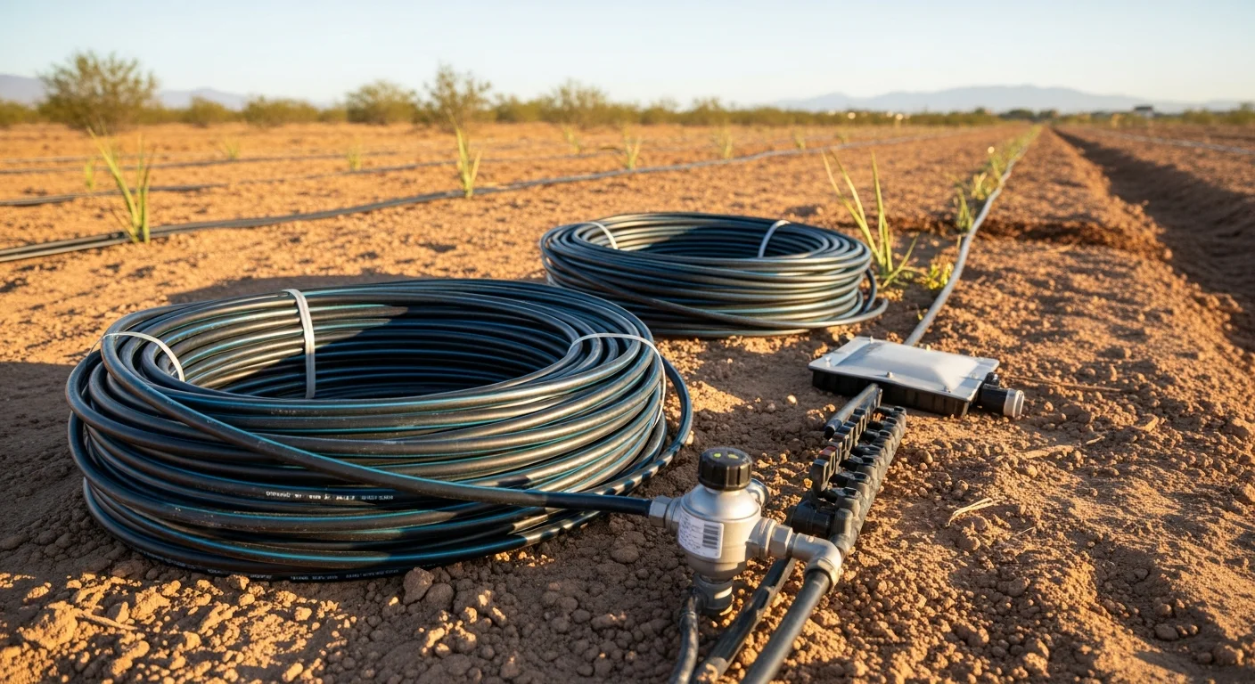 Drip irrigation emitters installed at the base of desert shrubs in a Yuma residential front yard with gravel ground cover. Low-flow tubing runs along the soil surface connecting multiple plants in a single irrigation zone.
