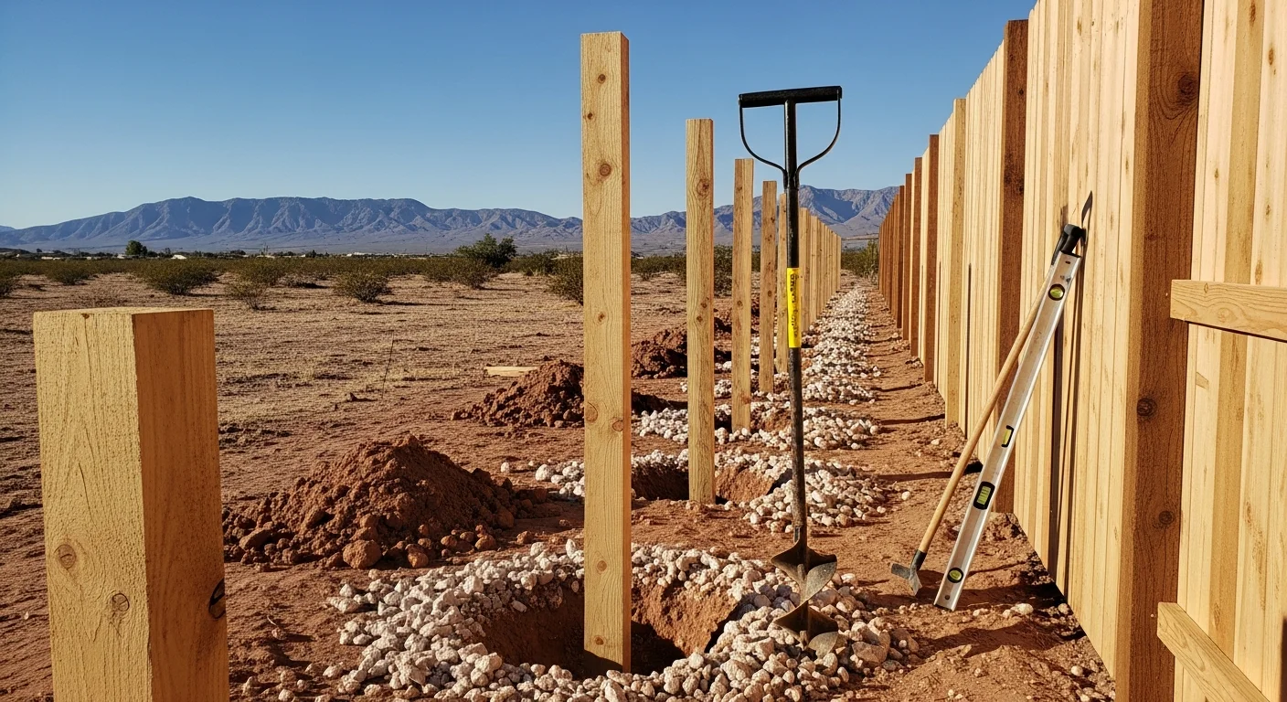 A newly installed privacy fence along the backyard perimeter of a residential property in Yuma, Arizona, with desert landscaping visible in the foreground. Posts are set in dry, sun-baked soil typical of the Yuma region.