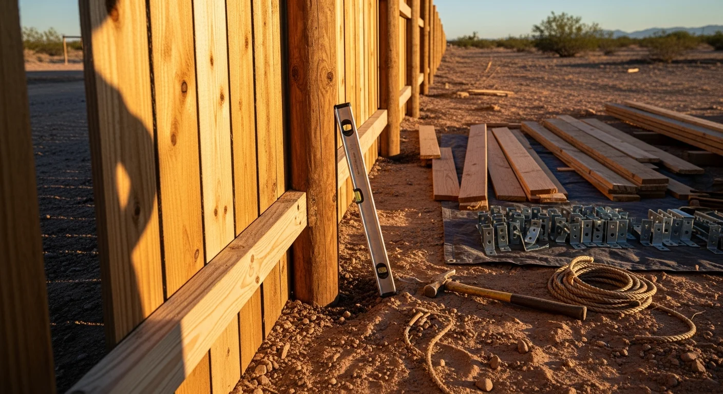 A repaired wood fence with a straightened post and replaced boards in a Yuma, Arizona residential backyard. Desert gravel landscaping and a clear blue sky are visible in the background.