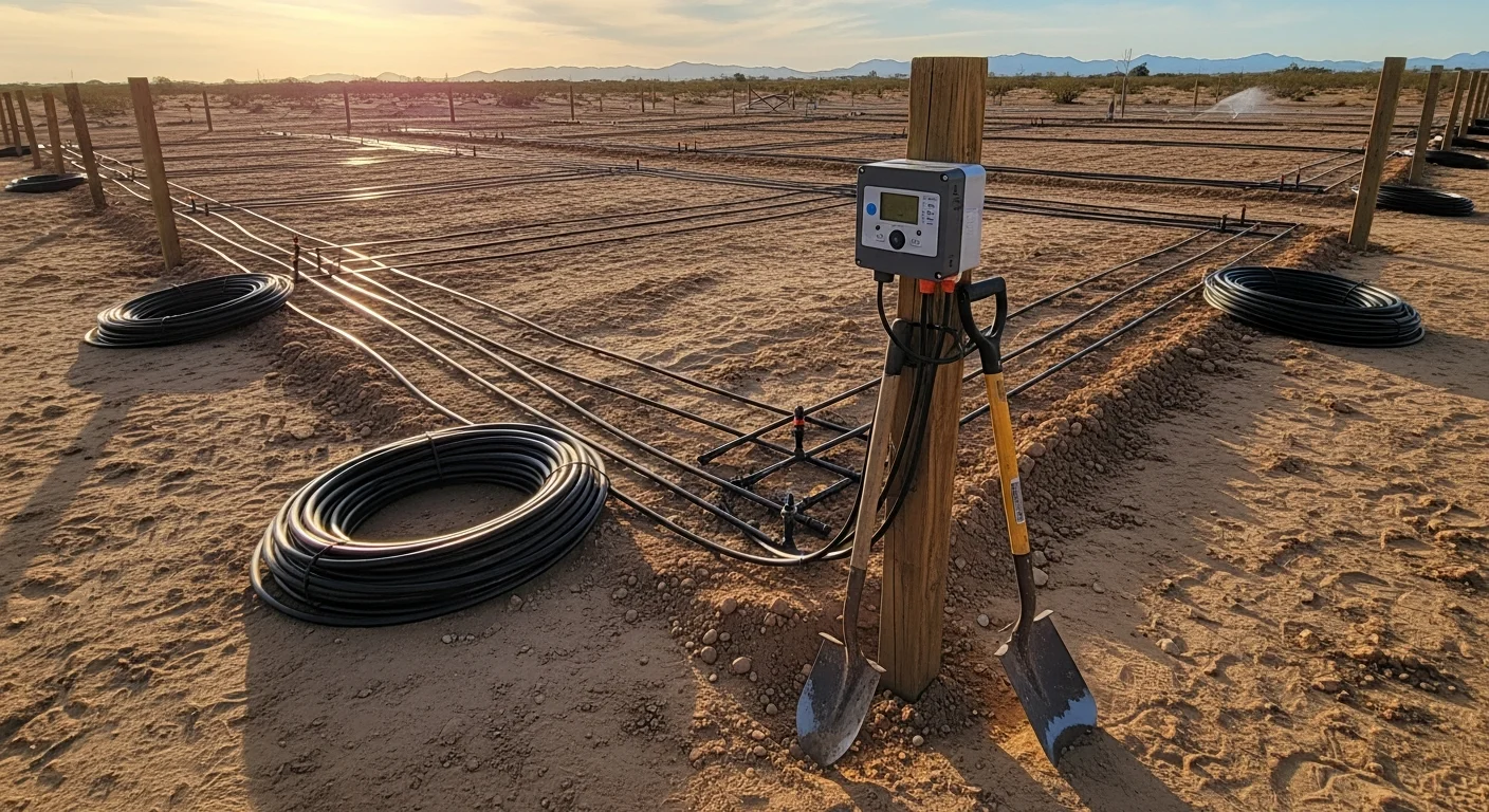 A freshly installed drip irrigation system running along a desert landscape bed in a Yuma residential yard, with emitters placed at the base of drought-tolerant shrubs and a smart controller mounted on an exterior wall nearby.