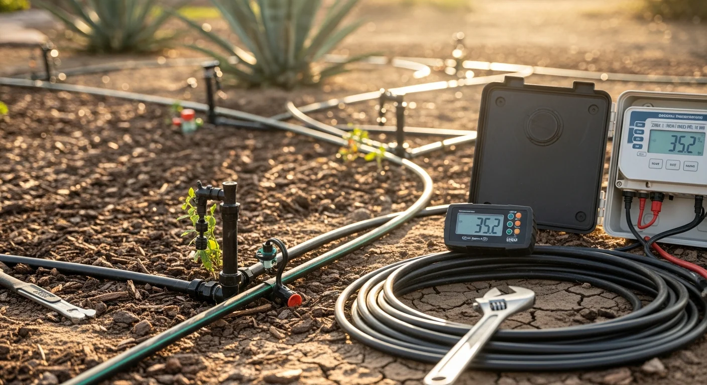 A Becker Landscape Co. technician inspecting a residential drip irrigation emitter in a Yuma, Arizona desert landscape yard. Close-up view of the emitter and surrounding dry soil with desert plants in the background.