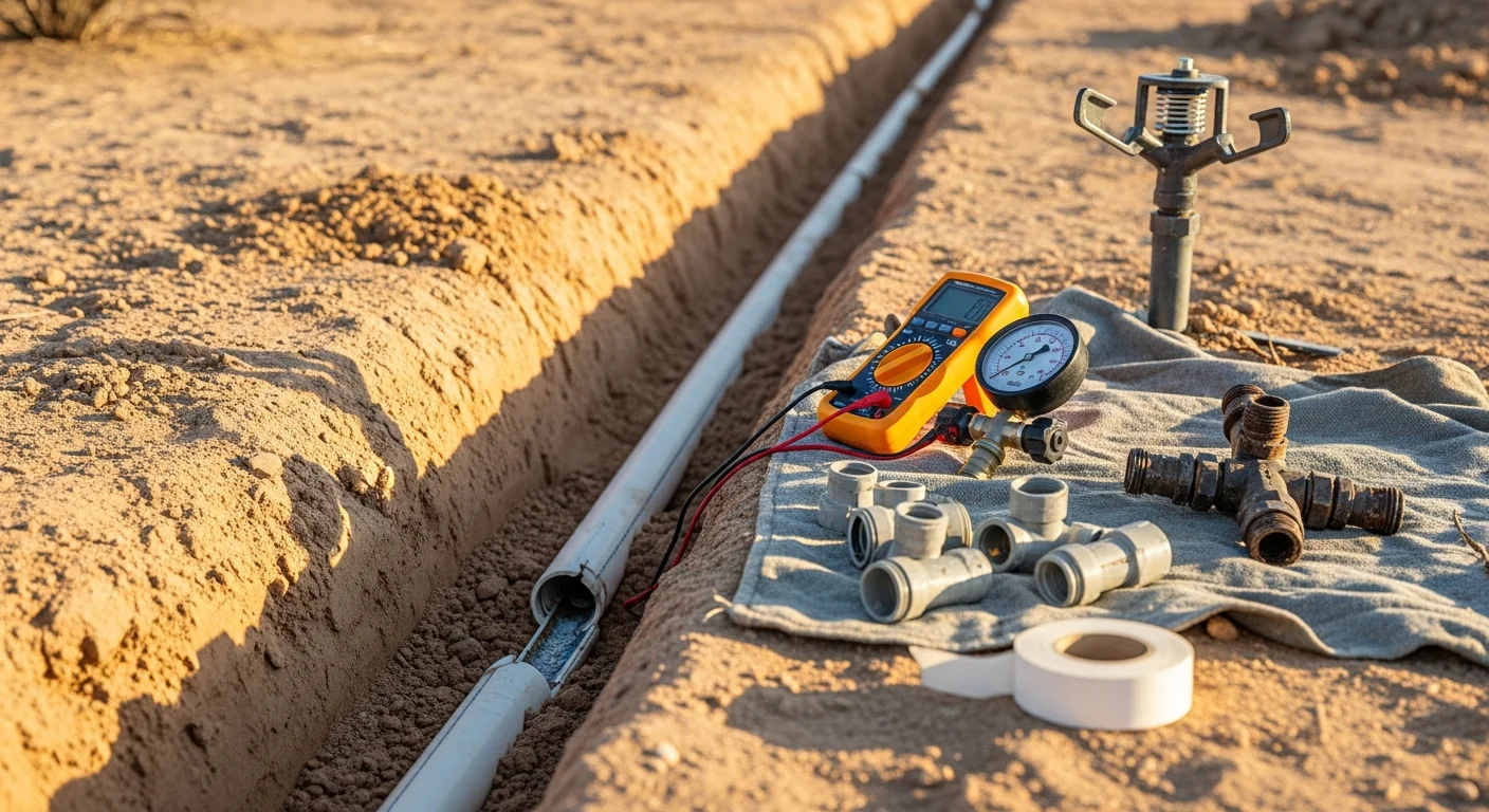 A Becker Landscape Co. technician inspecting a drip irrigation emitter and tubing line in a Yuma, AZ residential landscape bed. Repaired sprinkler head visible in background against dry desert soil.