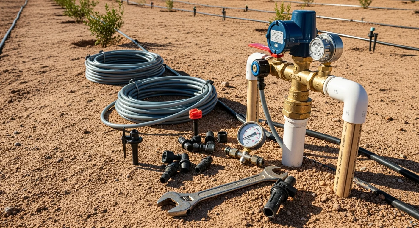 A Becker Landscape Co. technician adjusting a newly installed irrigation zone with drip emitters and spray heads in a Yuma residential landscape. Dry desert soil and low-water plants visible in the background under bright Arizona sunlight.