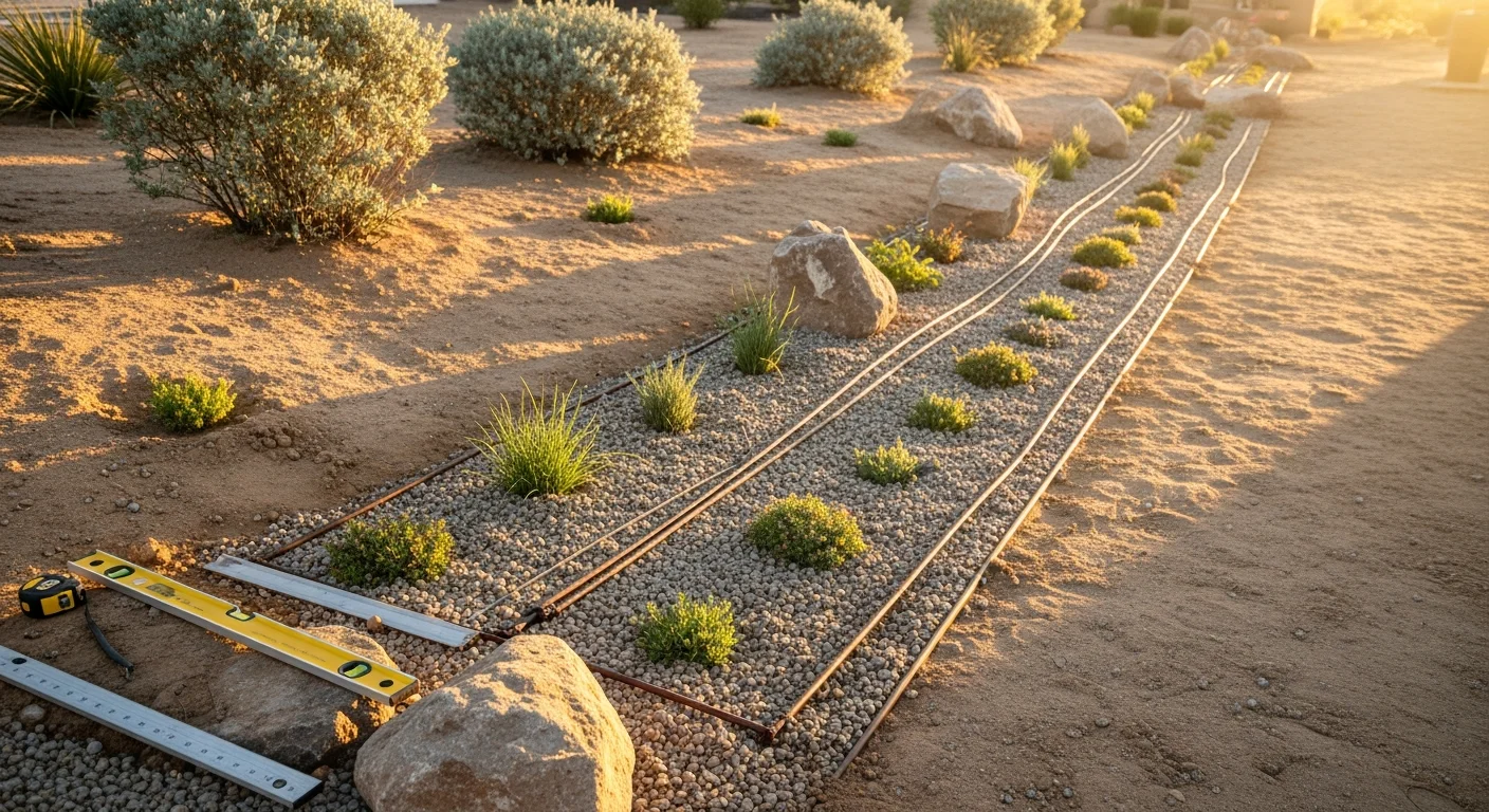 A finished residential landscape installation in Yuma, Arizona, showing desert-adapted plants, decorative gravel ground cover, and concrete pavers in a front yard under clear desert sky. The yard replaces bare dirt with a low-water design built for the Sonoran Desert climate.