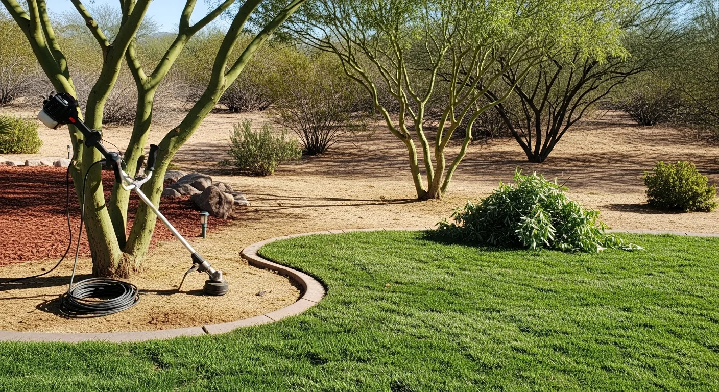 A well-maintained Yuma residential yard showing neatly edged Bermuda grass, trimmed desert shrubs, and clean gravel beds under a clear desert sky. A Becker Landscape Co. crew member inspects a drip irrigation line along the property border.