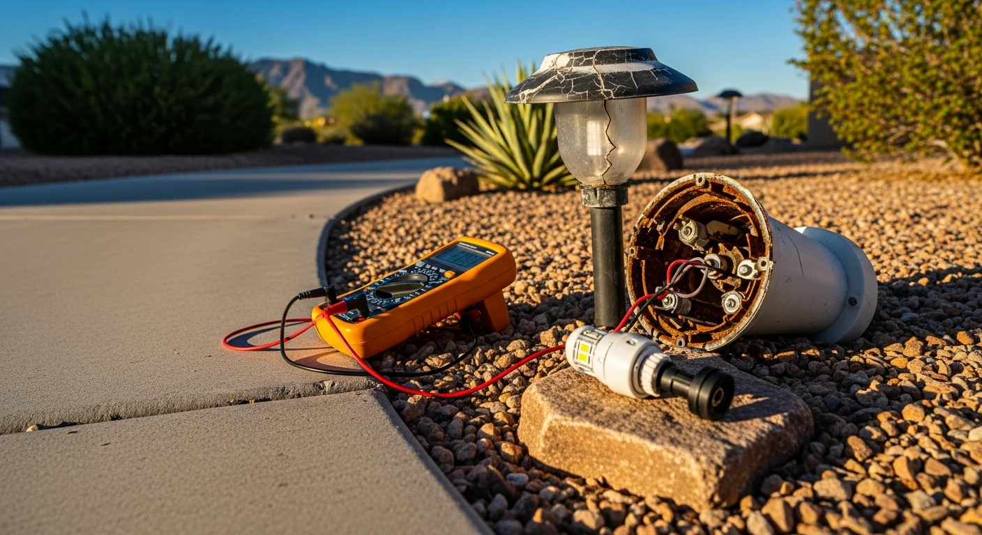 A repaired low-voltage landscape lighting system illuminating a desert-style front yard in Yuma, Arizona, with pathway lights and uplights casting even light across gravel and native plantings. A technician inspects a fixture housing showing signs of UV fading and heat damage typical of Yuma's extreme summer climate.