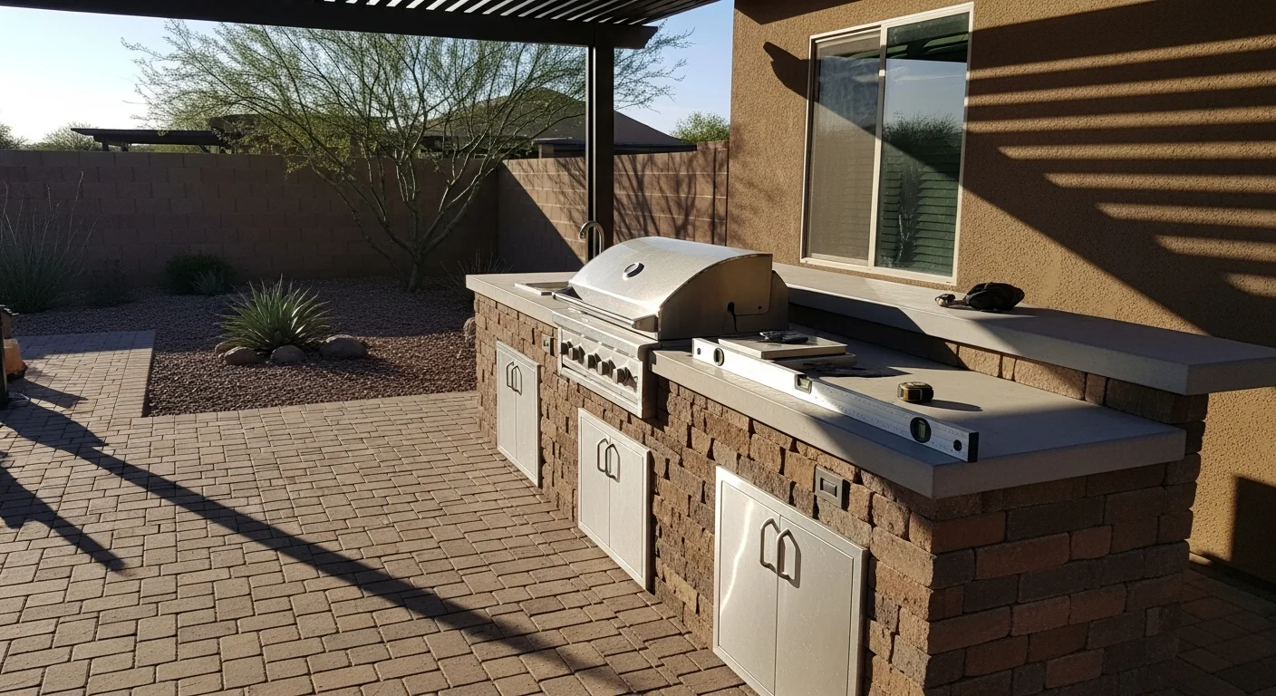A completed custom outdoor kitchen installed by Becker Landscape Co. in a Yuma, Arizona backyard, featuring a built-in cooking zone, heat-resistant countertops, and a covered hardscape patio. The layout is oriented for shade with clean masonry construction suited to the desert climate.