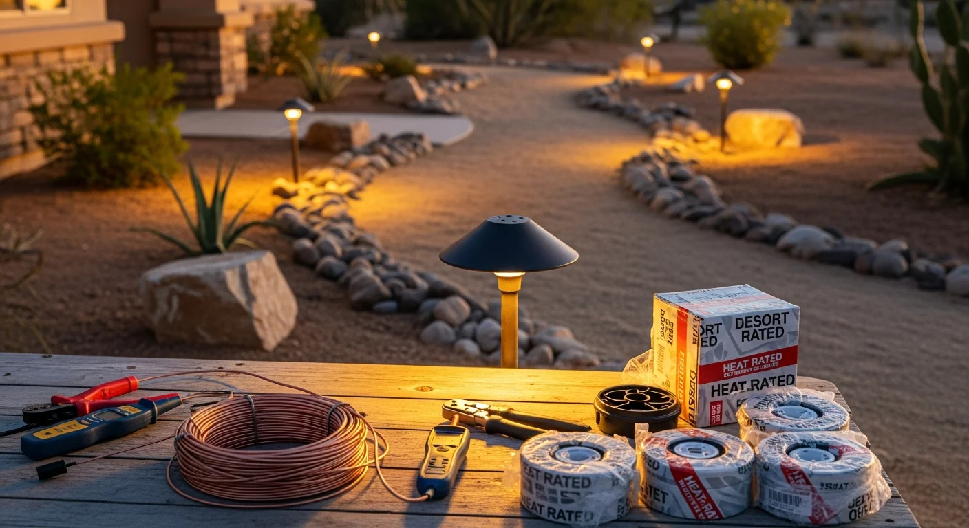 Installed low-voltage pathway and accent lighting along a desert rock landscape at a residential property in Yuma, Arizona. Warm light fixtures illuminate a gravel walkway and native plants at dusk with a stucco home visible in the background.