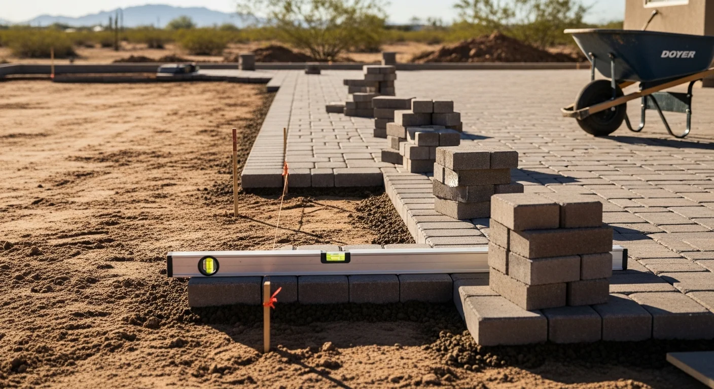 A finished paver patio installed by Becker Landscape Co. in a Yuma backyard, showing a level surface with clean joint lines and desert landscaping along the border. The patio extends from the back of a single-story home toward an open yard under a clear Arizona sky.