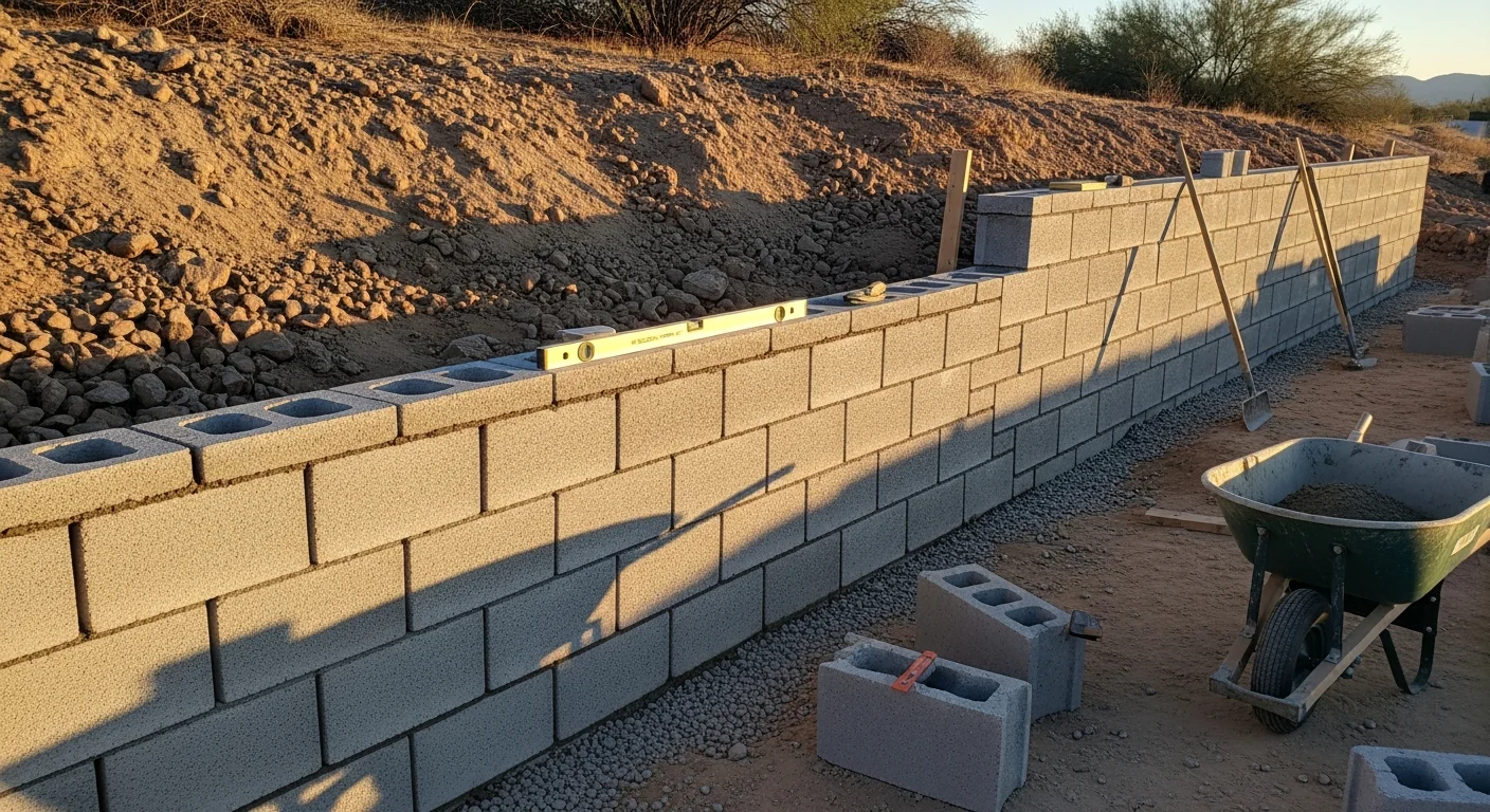 A finished retaining wall built by Becker Landscape Co. in a Yuma residential backyard, showing stacked stone construction holding a terraced slope with a flat usable patio area below. Desert-adapted landscaping borders the base of the wall under a clear Yuma sky.
