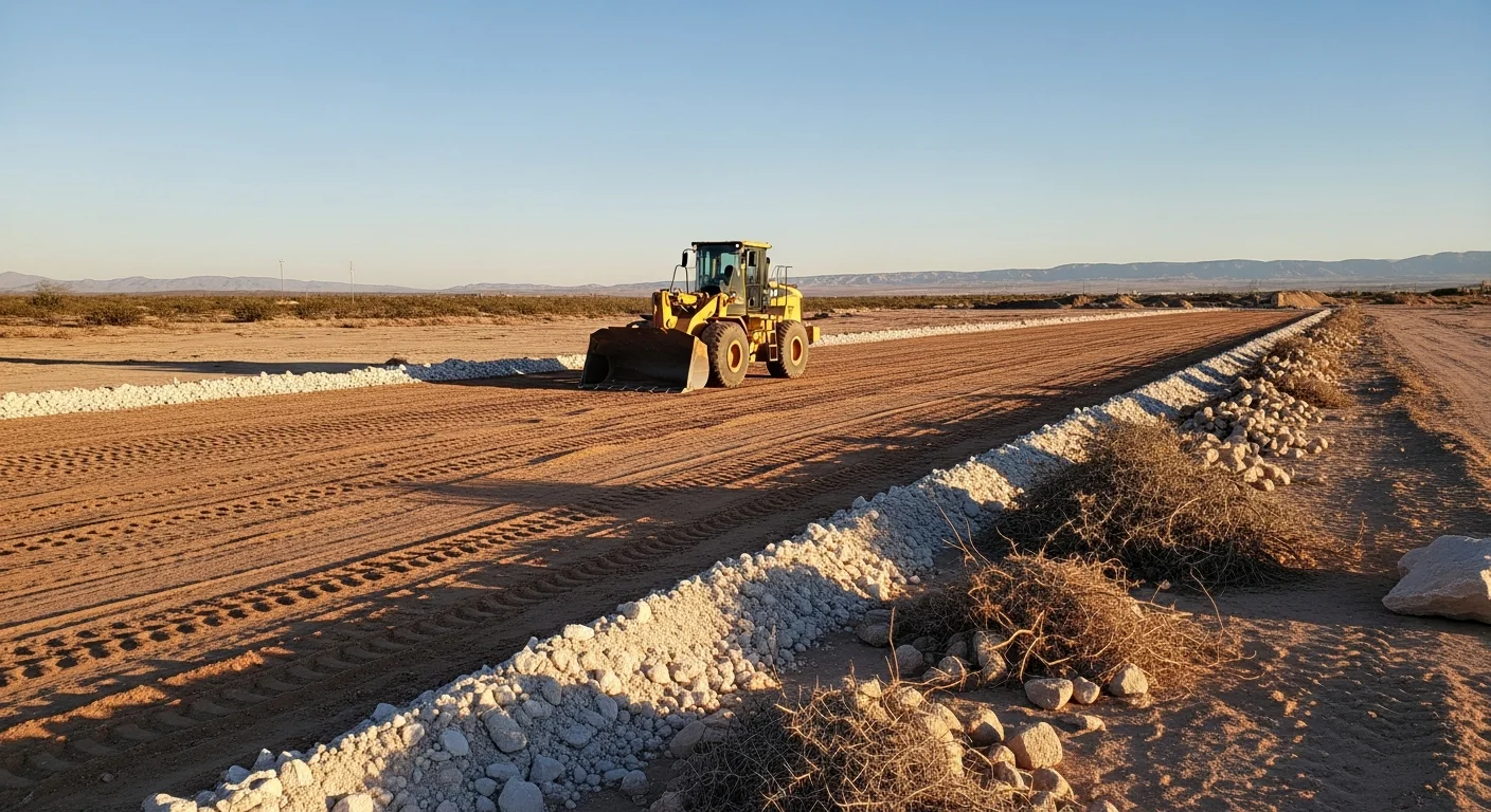 A flat Yuma residential lot cleared of desert vegetation and debris, with freshly graded sandy soil ready for landscape installation. A caliche layer is visible at the edge of a shallow cut, showing the ground conditions typical of Yuma properties.