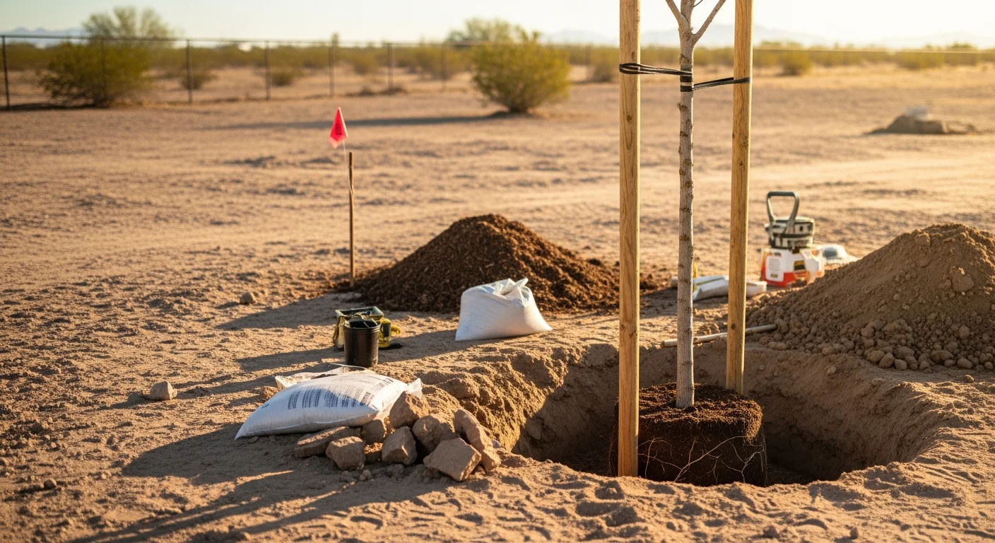 A freshly planted desert-adapted shade tree in a Yuma residential backyard, with loose amended soil visible around the base and a clear blue sky overhead. A landscaper from Becker Landscape Co. checks the planting depth at the trunk base.