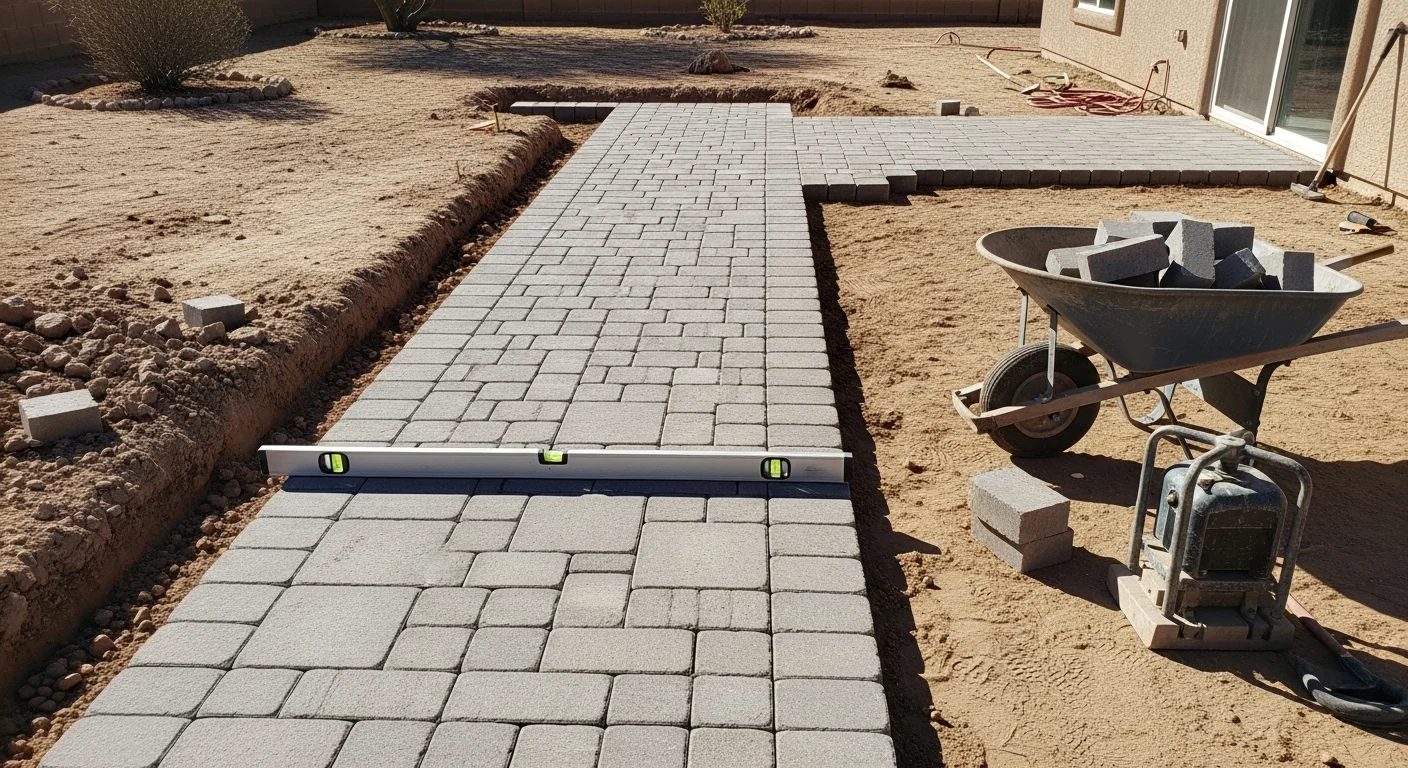 A freshly installed paver walkway at a Yuma residential property, running from the front entry toward a side gate with clean joints and a level surface. The path sits against a desert-landscaped yard under bright Arizona sunlight.
