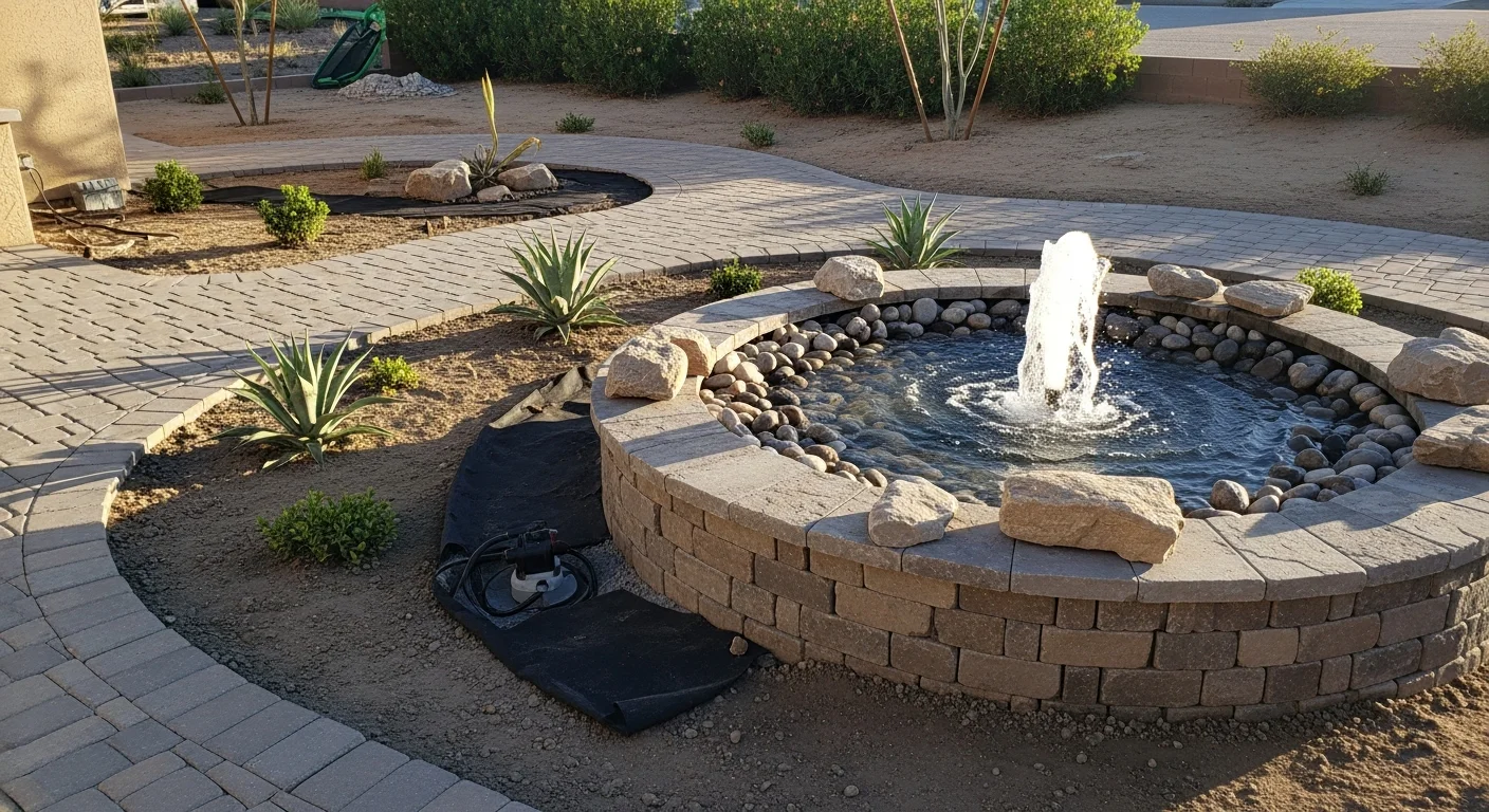 A pondless recirculating water feature built into a desert hardscape backyard in Yuma, Arizona, with stacked stone edging and gravel surrounds. The feature sits adjacent to a paved patio area under a clear desert sky.