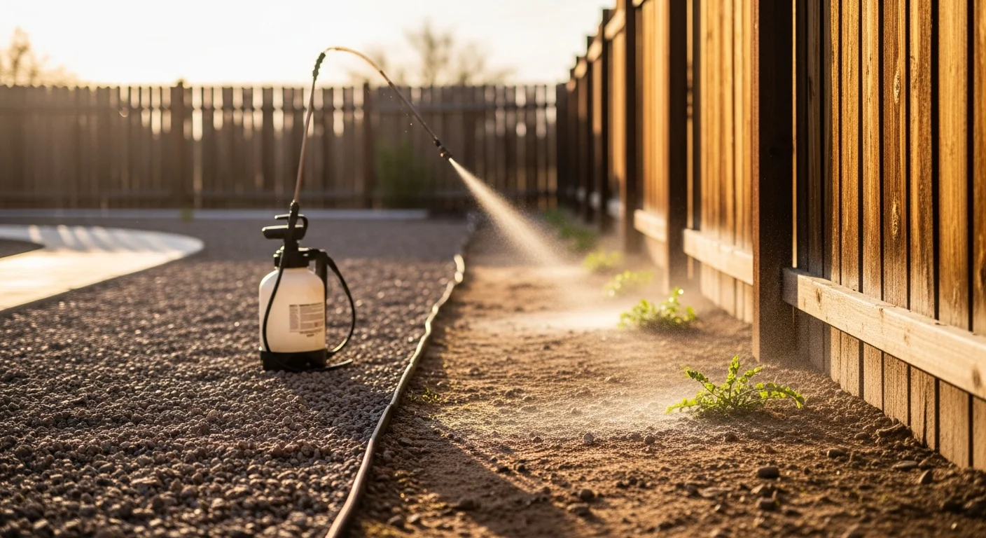 A clean Yuma residential yard with gravel landscaping and a wooden fence line showing no visible weed growth after professional weed control treatment. A desert landscape with neatly maintained rock beds and healthy native plants in the foreground.